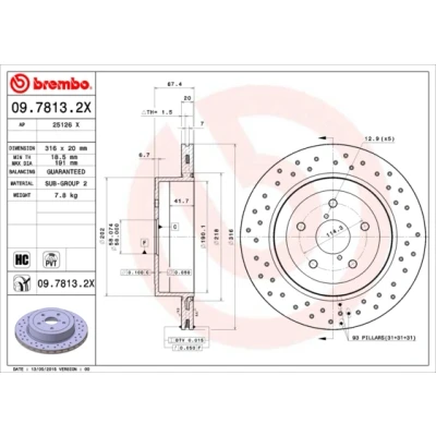 Bilde av BREMBO XTRA LINE 09.7813.2X Bremseskiver 316 20 5 perforert / ventilert belagt høy karbon SUBARU: Impreza II Sedan, Stasjonsvogn