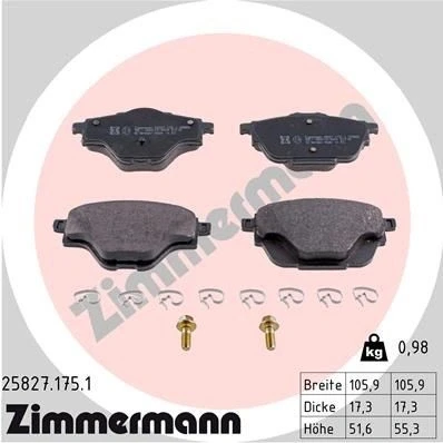 Bilde av ZIMMERMANN 25827.175.1 Bremseklosser med skruer Bildet viser leveranseinnholdet, fjær PEUGEOT: 308 SW 2, 5008 II, II Hatchback
