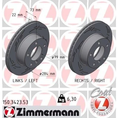 Bilde av ZIMMERMANN 150.3423.53 Bremseskiver 284 22 6/5 5 120 innvendig ventilert, med sliss belagt høy karbon BMW: 1 Hatchback