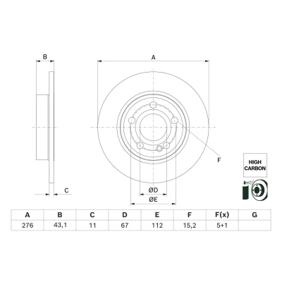 Bilde av BOSCH Bremseskive MERCEDES BENZ: A Klasse 276mm 11mm 5 110mm fullt ut belagt høy karbon 0 986 479 H60 2474230112,A2474230112 Bremseskiver