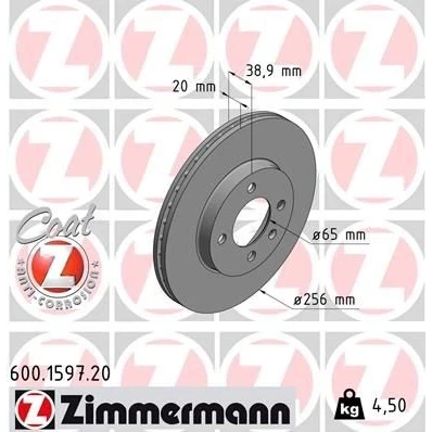 Bilde av ZIMMERMANN COAT Z 600.1597.20 Bremseskiver 256 20 5/4 4 100 innvendig ventilert belagt VOLKSWAGEN: GOLF 3, 2, Polo III Hatchback