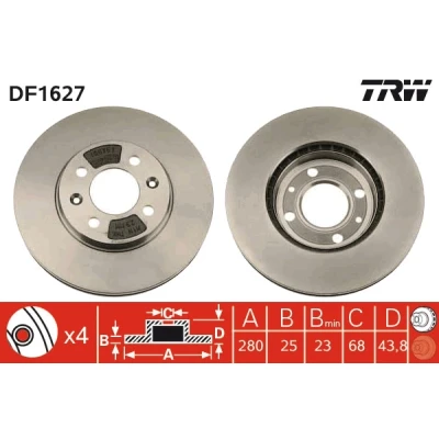 Bilde av TRW DF1627 Bremseskiver 280 25 4 108 ventilert spraylakkert med skruer SAAB: 9000 Hatchback