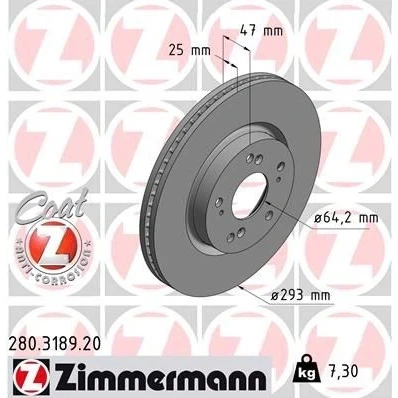 Bilde av ZIMMERMANN COAT Z 280.3189.20 Bremseskiver 293 25 9/5 5 114 innvendig ventilert belagt HONDA: CIVIC 9, 9 Tourer, 10