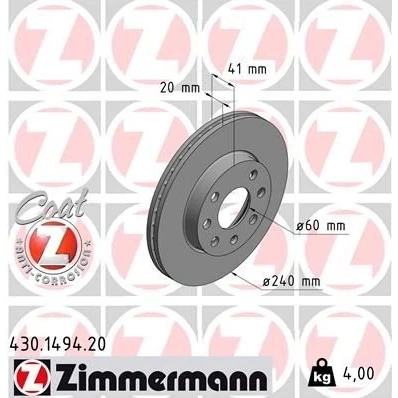 Bilde av ZIMMERMANN COAT Z 430.1494.20 Bremseskiver 240 20 7/4 4 100 innvendig ventilert belagt OPEL: Corsa C Hatchback