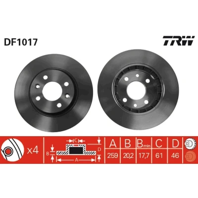 Bilde av TRW DF1017 Bremseskiver 259 20,2 4 100 ventilert spraylakkert med skruer