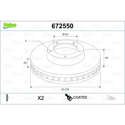 Bilde av VALEO 672550 Bremseskiver framaksel 278 25 5 ventilert belagt VOLVO: V40 Hatchback, V50, C30, FORD: Focus 2, 2 Kombi, C Max