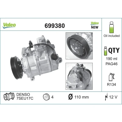 Bilde av VALEO NEW ORIGINAL PART 699380 Kompressor 7SUE16 12 PAG 46 R 134a med kompressorlje AUDI: A4 B6 Avant, A8 D2
