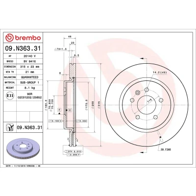 Bilde av BREMBO 09.N363.31 Bremseskiver 315 23 5 innvendig ventilert belagt OPEL: Insignia B Sports Tourer, Country Tourer