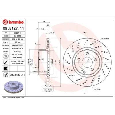 Bilde av BREMBO COATED DISC LINE 09.8127.11 Bremseskiver 312 28 5 perforert / ventilert belagt høy karbon med skruer MERCEDES BENZ: S Klasse Sedan