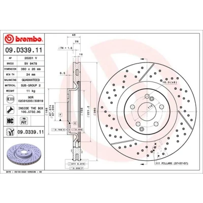 Bilde av BREMBO 09.D339.11 Bremseskiver 360 26 5 slisset / perforert, innvendig ventilert belagt høy karbon med skruer MERCEDES BENZ: GLC SUV