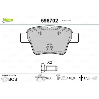 Bilde av VALEO 598702 Bremseklosser bakaksel ekskl. slitasjevarselkontakt med sikringsskruesett, antihyle blikk glideskinner PEUGEOT: 207 Hatchback