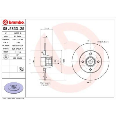 Bilde av BREMBO BEARING DISC LINE 08.5833.25 Bremseskiver 238 8 4 fullt ut med hjullagersett, uten ABS sensorring RENAULT: CLIO 2