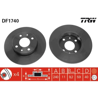 Bilde av TRW DF1740 Bremseskiver 240 11 4 98 fullt ut spraylakkert ALFA ROMEO: 155