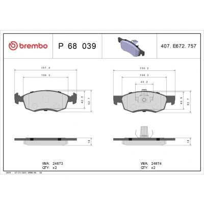 Bilde av BREMBO P 68 039 Bremseklosser ekskl. slitasjevarselkontakt uten tilbehør