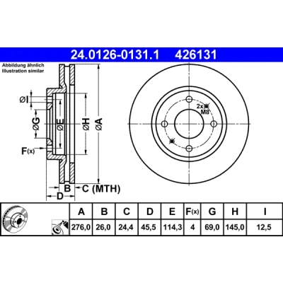 Bilde av ATE 24.0126 0131.1 Bremseskiver 276,0 26,0 4 114,3 ventilert belagt MITSUBISHI: Lancer 7 Limousine, Galant 6,