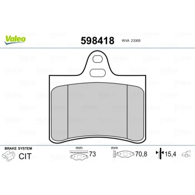 Bilde av VALEO 598418 Bremseklosser bakaksel ekskl. slitasjevarselkontakt uten antiskrike blikk CITROËN: C5 I Stasjonsvogn, II Hatchback