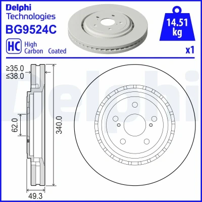 Bilde av DELPHI Bremseskive TOYOTA: RAV4 V, SUZUKI: Across SUV 340mm 38mm 5 ventilert belagt høy karbon BG9524C T435124815,435120E070,4351248150 Bremseskiver