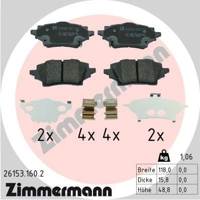 Bilde av ZIMMERMANN 26153.160.2 Bremseklosser med akustisk slitasjevarsel Bildet viser leveranseinnholdet, glideplate TOYOTA: C HR