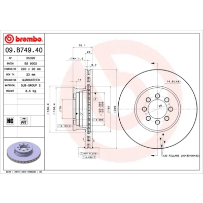 Bilde av BREMBO 09.B749.40 Bremseskiver 290 26 8 innvendig ventilert høy karbon MERCEDES BENZ: Sprinter 5 T Flatvogn lastebil/Chassis