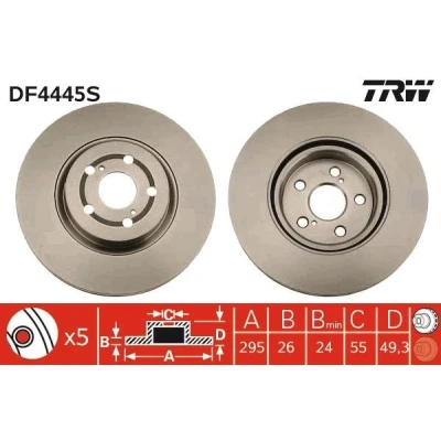Bilde av TRW DF4445S Bremseskiver 295 26 5 100 ventilert spraylakkert høy karbon TOYOTA: Avensis II Station Wagon, Sedan, Hatchback