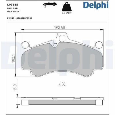 Bilde av DELPHI LP3685 Bremseklosser klargjort for slitasjeindikator med antihyle blikk uten tilbehør PORSCHE: 911 Coupé