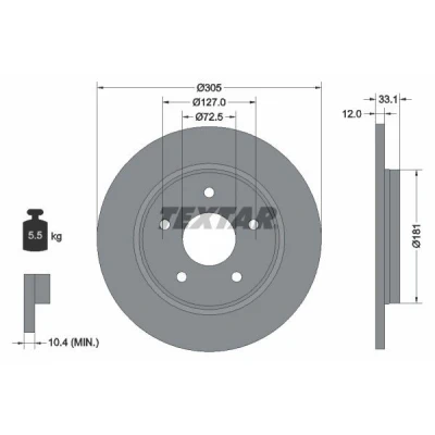 Bilde av TEXTAR PRO+ 92181005 Bremseskiver 305 12 05/05 127 fullt ut belagt høy karbon uten hjulfestebolt, hjulnav FIAT: Freemont, DODGE: Journey MPV