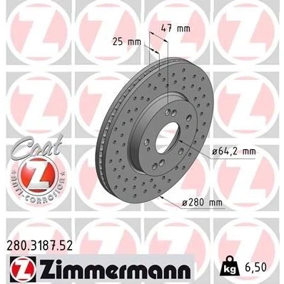 Bilde av ZIMMERMANN SPORT COAT Z 280.3187.52 Bremseskiver 280 25 9/5 5 114 innvendig ventilert, hullet belagt HONDA: CIVIC 9, 9 Tourer