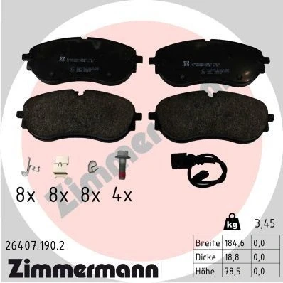 Bilde av ZIMMERMANN 26407.190.2 Bremseklosser inkl. slitasjevarselkontakt med skruer Bildet viser leveranseinnholdet, fjær