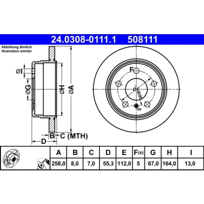 Bilde av ATE PowerDisc 24.0308 0111.1 Bremseskiver 258,0 8,0 5 112,0 fullt ut belagt MERCEDES BENZ: A Klasse, Vaneo