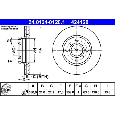 Bilde av ATE 24.0124 0120.1 Bremseskiver 260,0 24,0 4 108,0 ventilert belagt FORD: MONDEO 1 Kombi