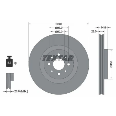 Bilde av TEXTAR PRO 92228503 Bremseskiver 305 28 04/08 98 innvendig ventilert belagt uten hjulfestebolt, hjulnav ALFA ROMEO: MiTo