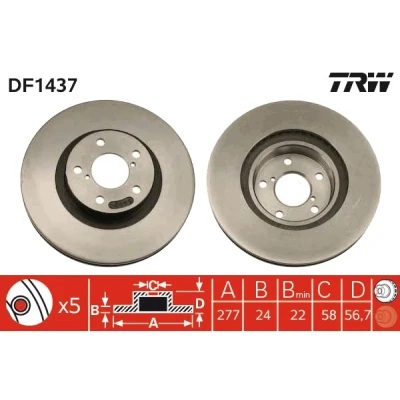 Bilde av TRW DF1437 Bremseskiver 277 24 5 100 ventilert spraylakkert SUBARU: Forester II, Impreza III Hatchback, III, TOYOTA: GT86 Coupé