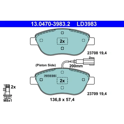Bilde av ATE Ceramic 13.0470 3983.2 Bremseklosser inkl. slitasjevarselkontakt med bremsecaliperskruer FIAT: BRAVO 2, Stilo Hatchback