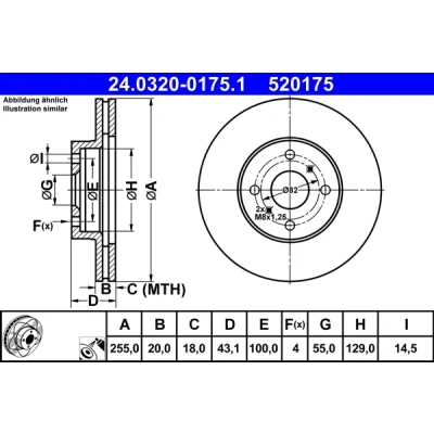Bilde av ATE PowerDisc 24.0320 0175.1 Bremseskiver 255,0 20,0 4 100,0 ventilert belagt TOYOTA: Yaris I Hatchback, Verso, MR2 III Cabrio