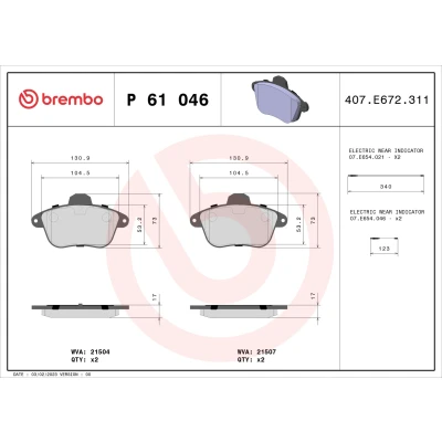 Bilde av BREMBO P 61 046 Bremseklosser inkl. slitasjevarselkontakt uten tilbehør CITROËN: XM II Stasjonsvogn, RENAULT: CLIO 2