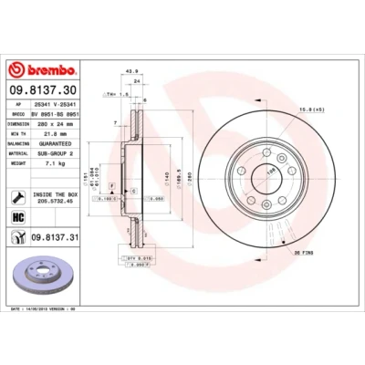 Bilde av BREMBO COATED DISC LINE 09.8137.31 Bremseskiver 280 24 5 innvendig ventilert belagt høy karbon med skruer RENAULT: Kangoo II Express