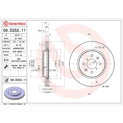 Bilde av BREMBO Bremseskive SUZUKI: SWIFT 4 272mm 22mm 5 innvendig ventilert belagt 09.D252.21 5531170L00,5531170L00000,5531172L00 Bremseskiver, Skivebremser