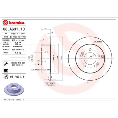 Bilde av BREMBO COATED DISC LINE 08.A631.11 Bremseskiver 275 10 5 fullt ut belagt høy karbon med skruer KIA: CARENS 2
