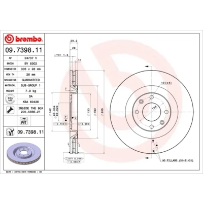 Bilde av BREMBO COATED DISC LINE 09.7398.11 Bremseskiver 305 28 4 innvendig ventilert belagt med skruer