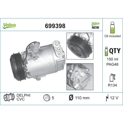 Bilde av VALEO 699398 Kompressor 6CVC 12 PAG 46 R 134a med kompressorlje NEW ORIGINAL PART