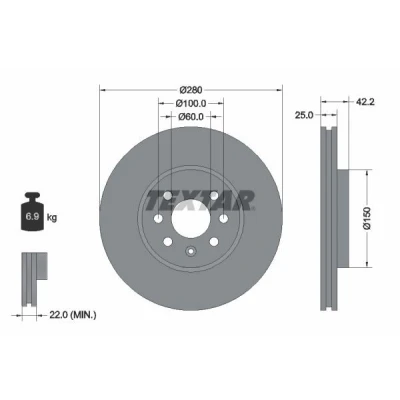 Bilde av TEXTAR PRO 92124603 Bremseskiver 280 25 04/07 100 innvendig ventilert belagt uten hjulfestebolt, hjulnav OPEL: Combo C Varebil / Stasjonsvogn