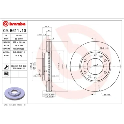 Bilde av BREMBO 09.B611.10 Bremseskiver 300 30 6 innvendig ventilert høy karbon med skruer HYUNDAI: H 1 Cargo, Travel