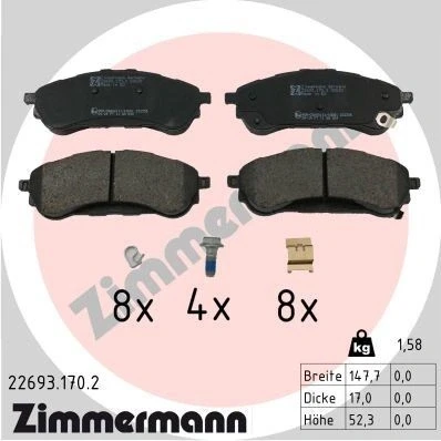 Bilde av ZIMMERMANN 22693.170.2 Bremseklosser med akustisk slitasjevarsel Bildet viser leveranseinnholdet, glideplate, fjær FORD: Ranger Mk3