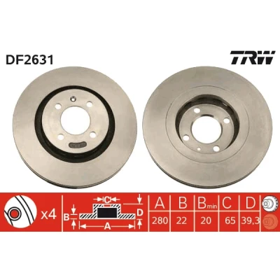 Bilde av TRW DF2631 Bremseskiver 280 22 4 100 ventilert spraylakkert VOLKSWAGEN: GOLF 2, Passat B3/B4 Stasjonsvogn