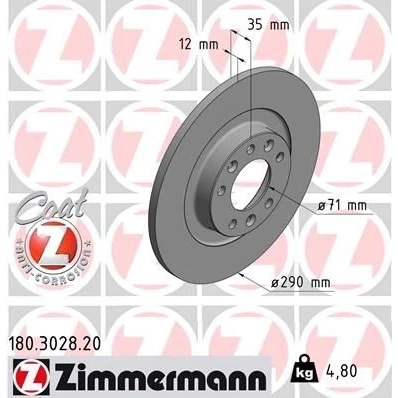 Bilde av ZIMMERMANN COAT Z 180.3028.20 Bremseskiver 290 12 7/5 5 108 fullt ut belagt PEUGEOT: 308 SW 2, 5008 II, II Hatchback, CITROËN: C4 Grand Picasso 2