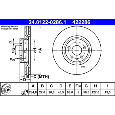 Bilde av ATE 24.0122 0286.1 Bremseskiver 284,0 22,0 5 98,0 ventilert belagt FIAT: 500L