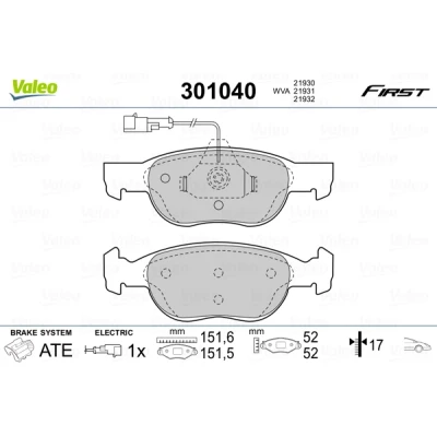 Bilde av VALEO 301040 Bremseklosser FIRST framaksel inkl. slitasjevarselkontakt uten antiskrike blikk FIAT: Punto II Hatchback