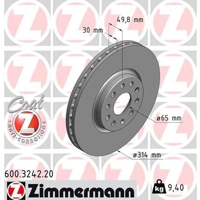 Bilde av ZIMMERMANN COAT Z 600.3242.20 Bremseskiver 314 30 10/5 5 112 innvendig ventilert belagt høy karbon VOLKSWAGEN: Touran I, Tiguan II, Sharan II
