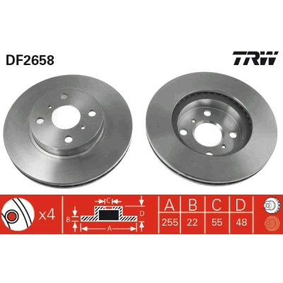 Bilde av TRW DF2658 Bremseskiver 255,5 22 4 100 ventilert spraylakkert AUDI: 80 B4 Sedan, C3 VOLKSWAGEN: GOLF 3, TOYOTA: Corolla VIII Liftback