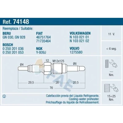 Bilde av FAE 74148 Glødeplugg 11V M12x1,25, M 12x1,25 AUDI: A3 Sportback, A6 C5 Avant, Hatchback, VOLVO: V70 2, S80 I, VOLKSWAGEN: Passat B5 GP Stasjonsvogn